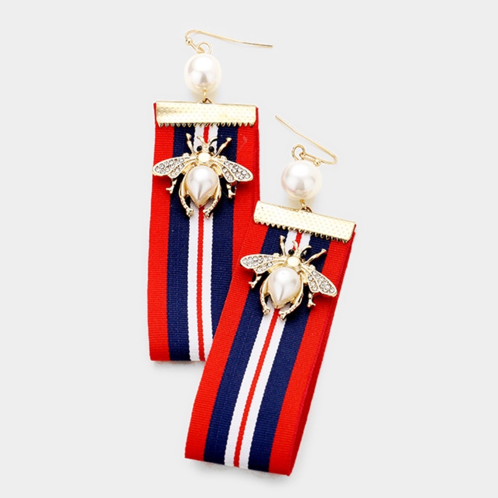 Pearl Honey Bee Grosgrain Ribbon Earrings